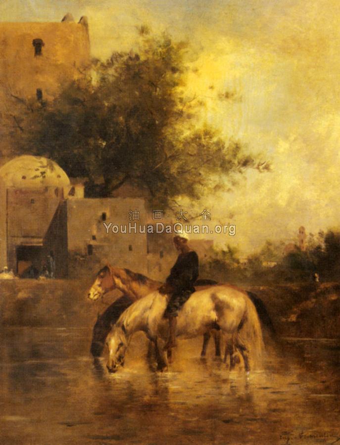 Horses Watering In A River - 尤金·弗罗芒坦